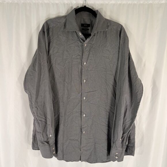 Boss Hugo Boss Dress Shirt Mens 44 17.5 Grey Plaid Button Up Long Sleeve Regular - Picture 1 of 7